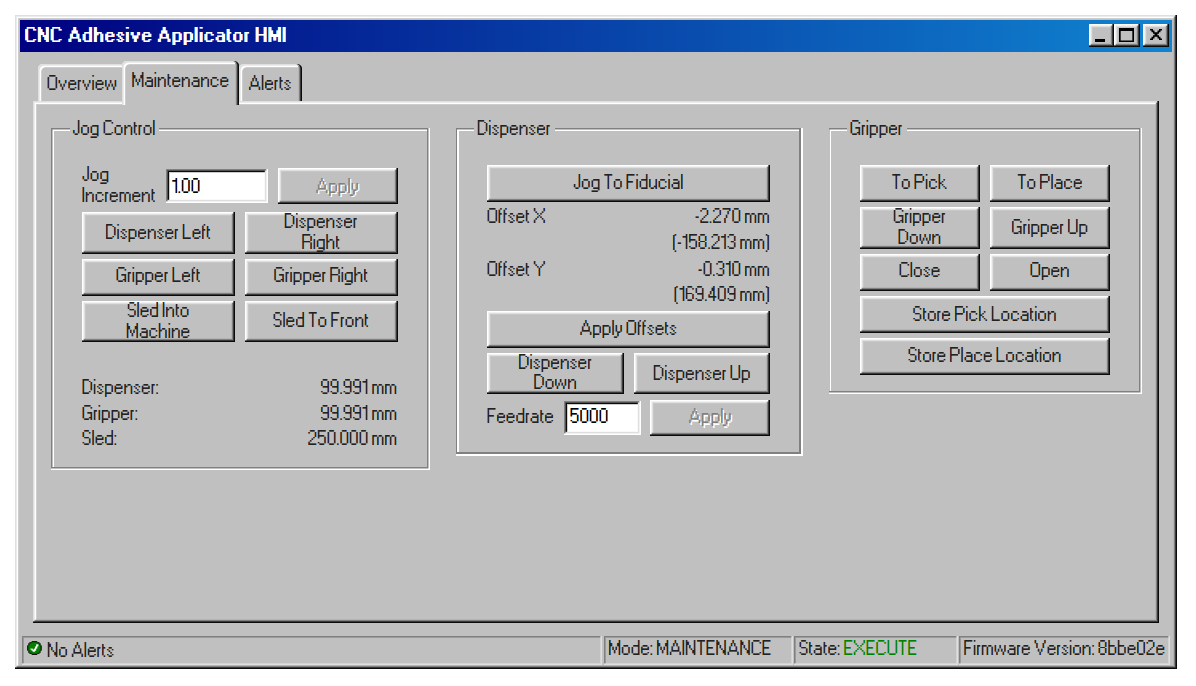 Screenshot of the maintenance HMI